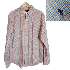 Ralph Lauren Shirt Mens Large Orange Blue Plaid Oxford Pony Preppy Long Sleeve